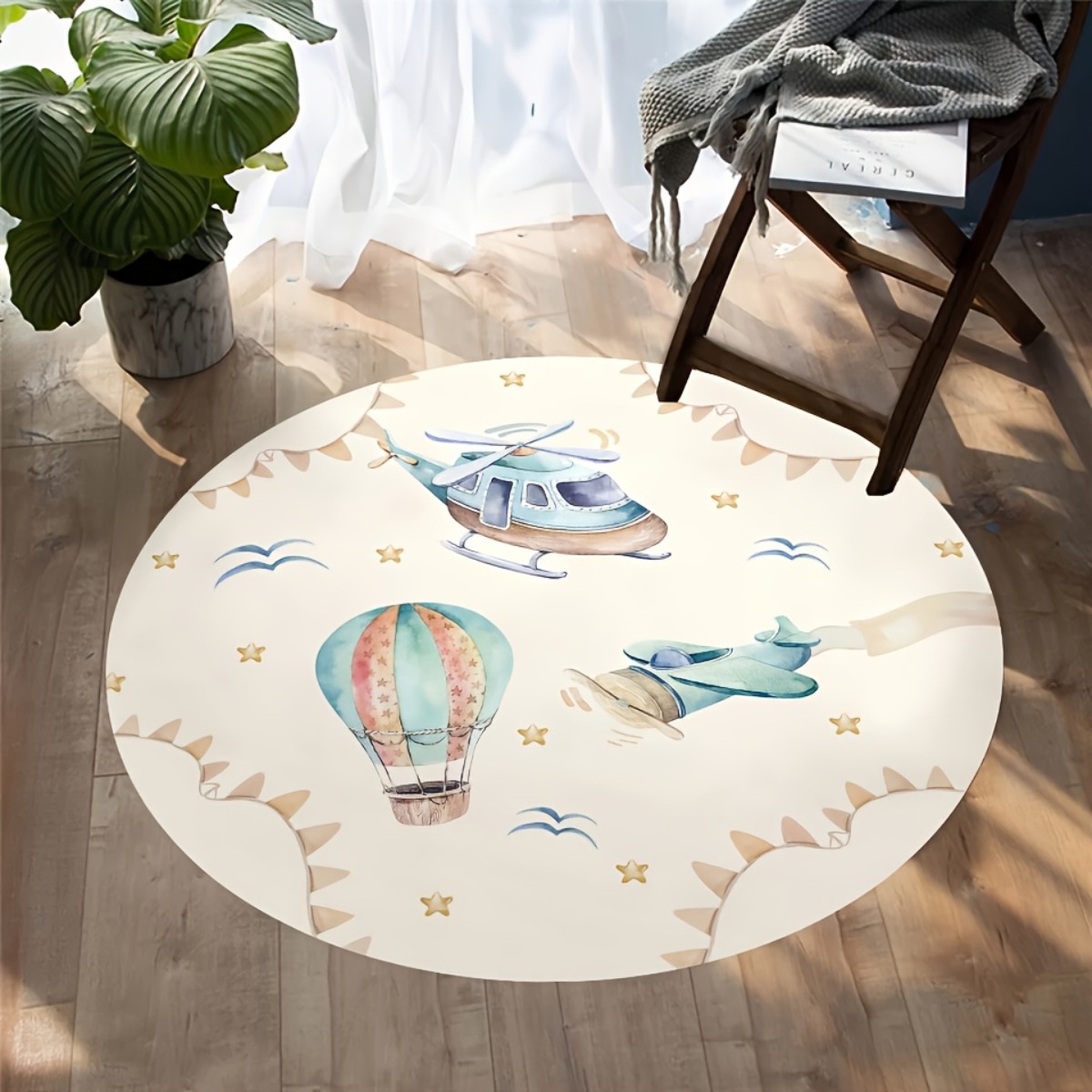 Baby Nursery Rug - Whimsical Hot Air Balloon Airplane Round