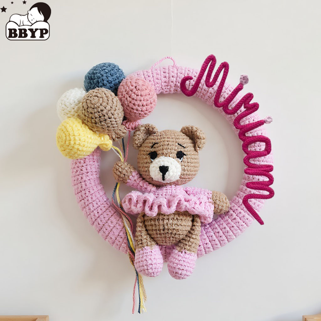 Baby Nursery Artwork - Personalized Crochet Name Wreath with Bear