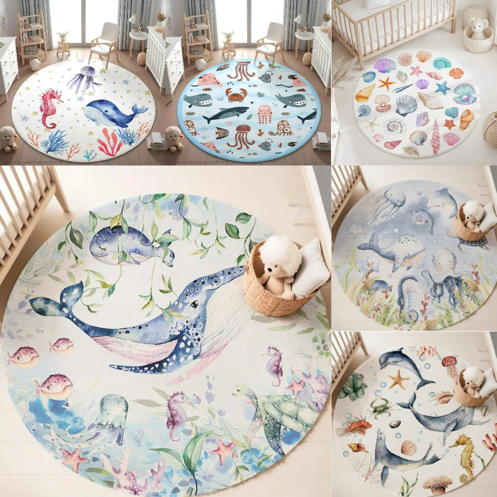 Blue Marine animal Round Carpe - Baby Nursery Rug ulasan dan harga