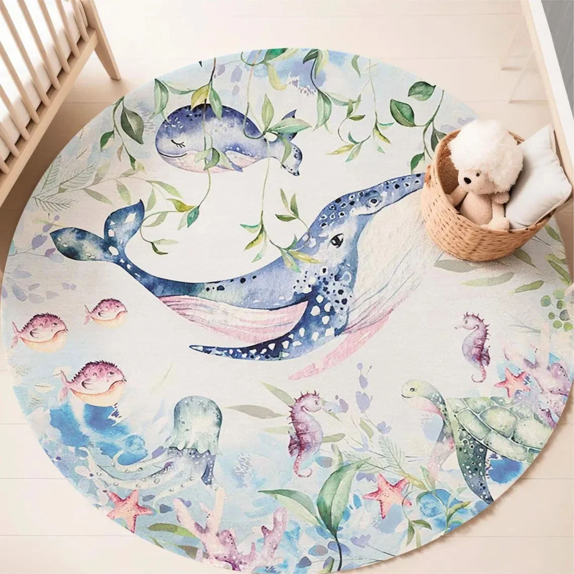 Blue Marine animal Round Carpe - Baby Nursery Rug ulasan dan harga