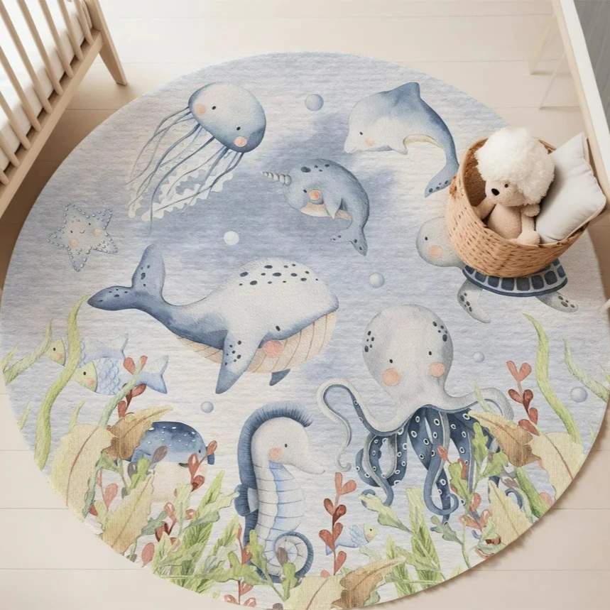 Blue Marine animal Round Carpe - Baby Nursery Rug ulasan dan harga